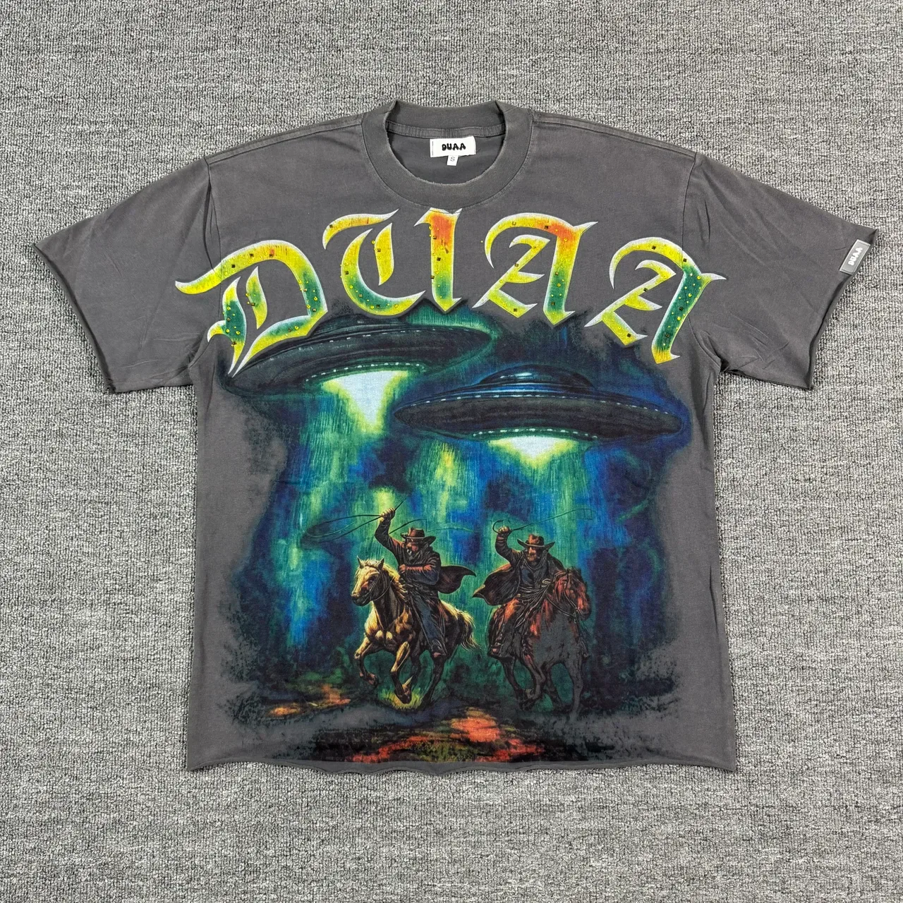 Charcoal Gray Graphic-Print UFO Cowboy T-Shirt 4