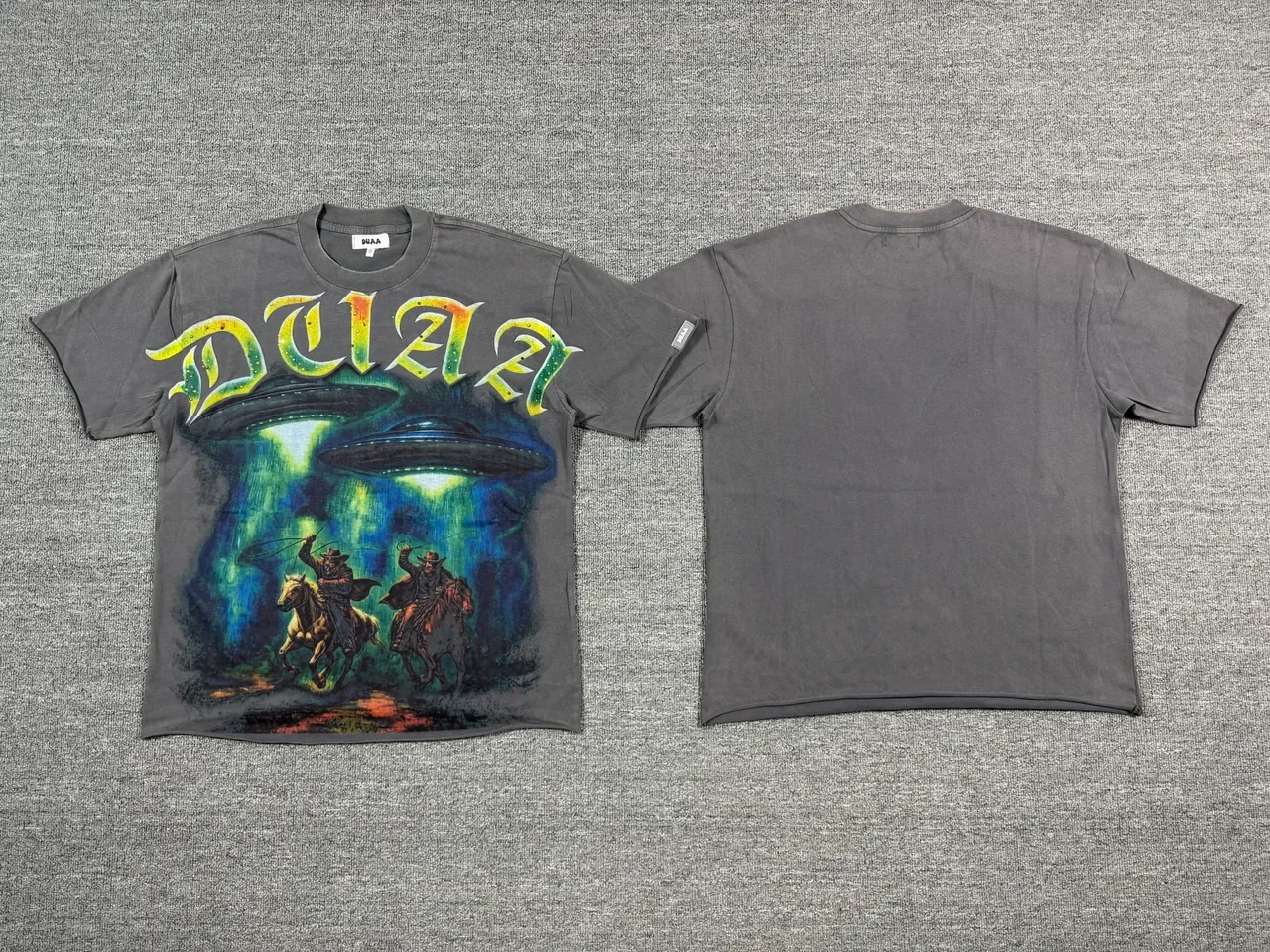 Charcoal Gray Graphic-Print UFO Cowboy T-Shirt 5