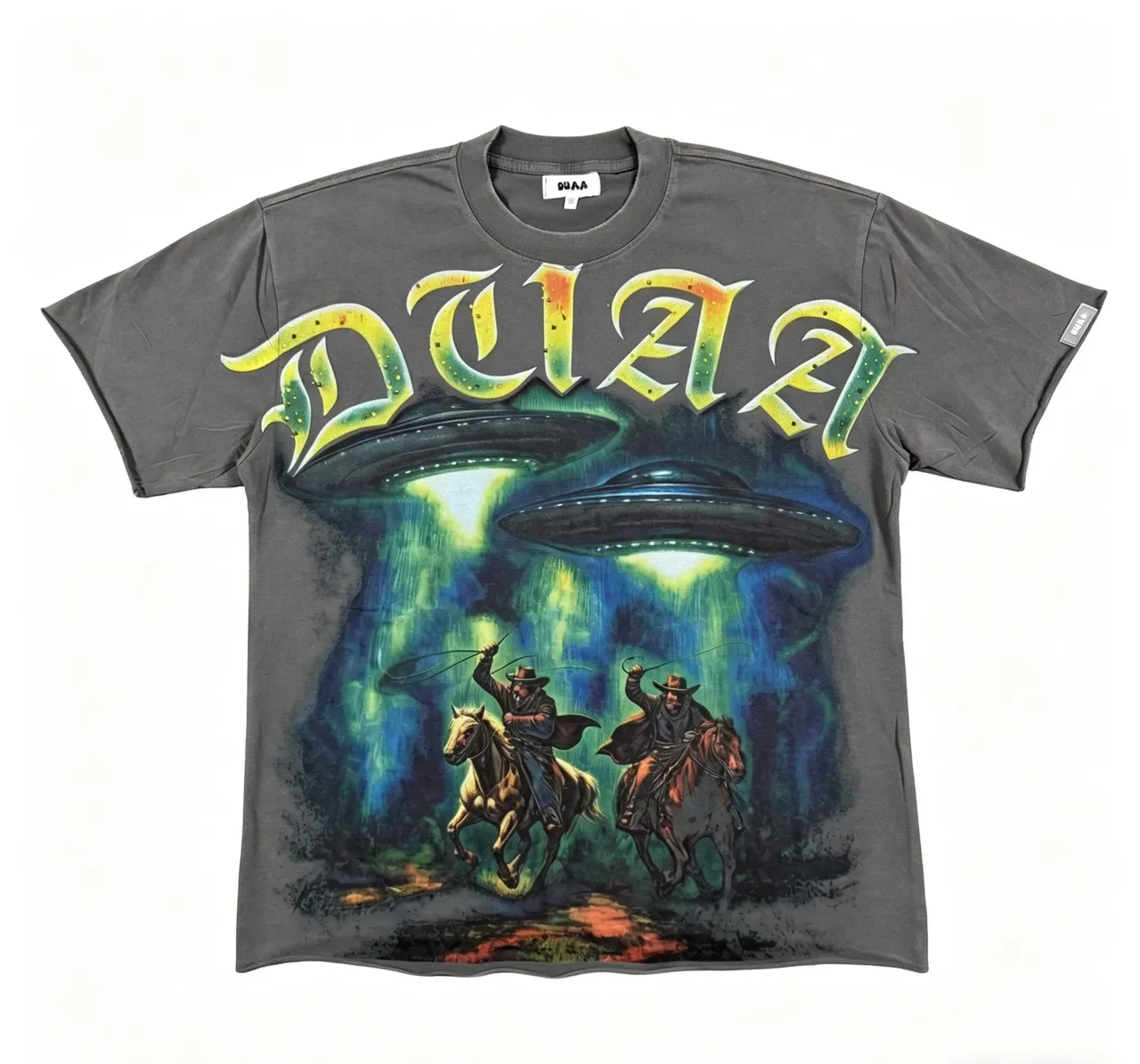 Charcoal Gray Graphic-Print UFO Cowboy T-Shirt 7