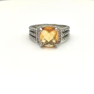 Cushion-Cut Citrine and Pavé Accent Twisted Rope Band Ring