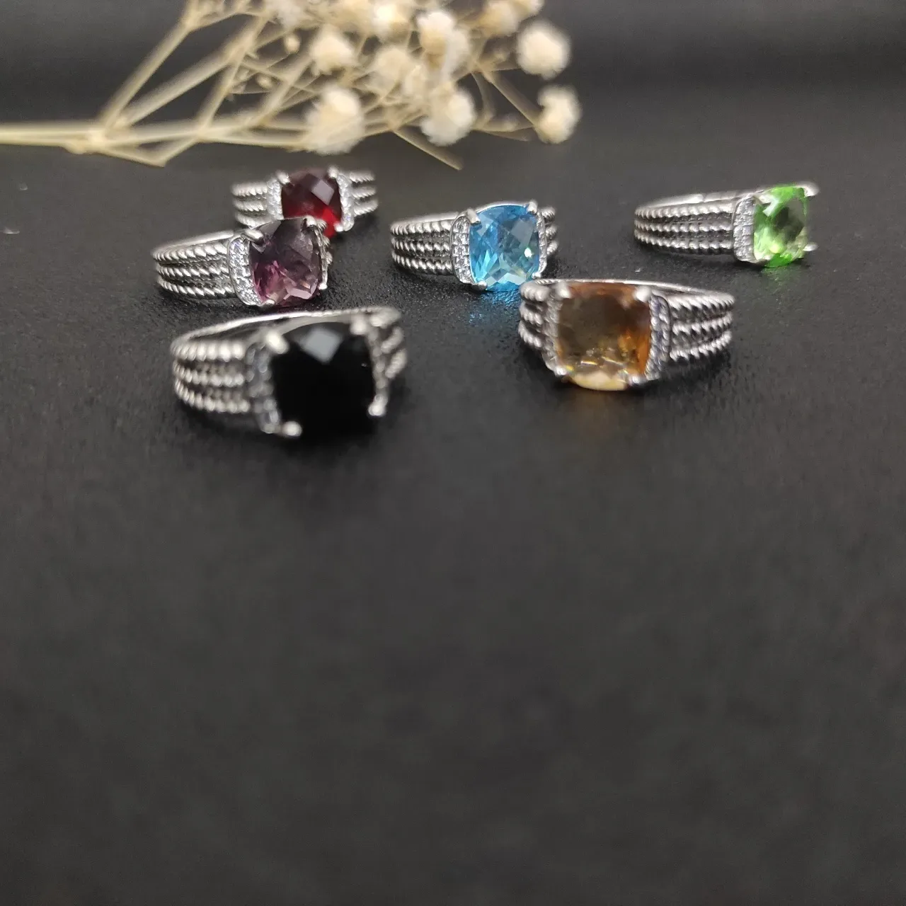 Cushion-Cut Citrine and Pavé Accent Twisted Rope Band Ring 5