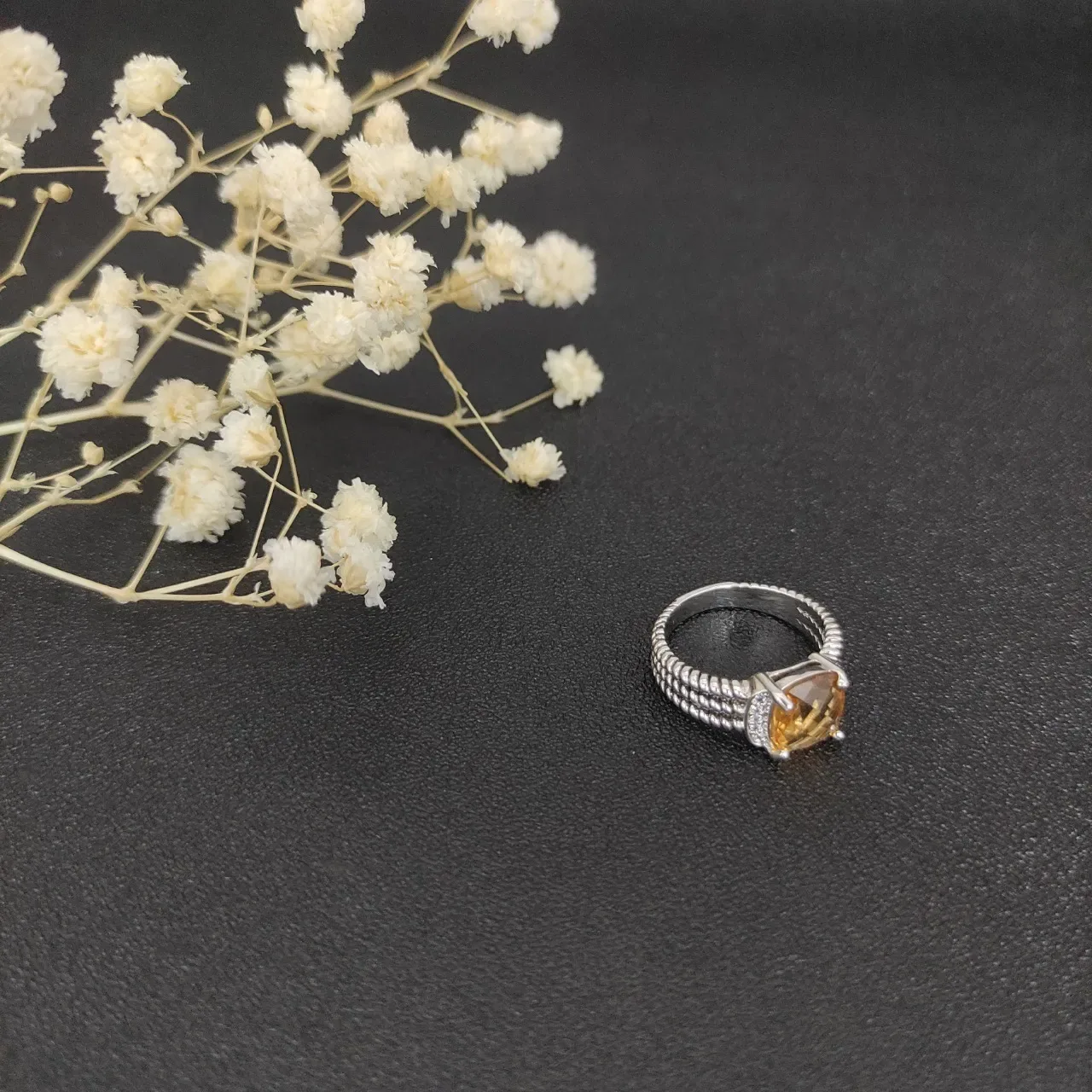 Cushion-Cut Citrine and Pavé Accent Twisted Rope Band Ring 9