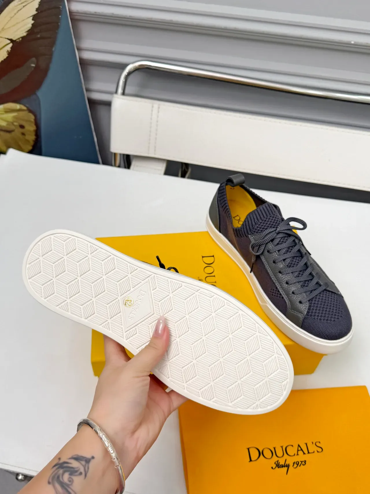 Dark Gray Knit and Leather Overlay Low-Top Sneakers 2