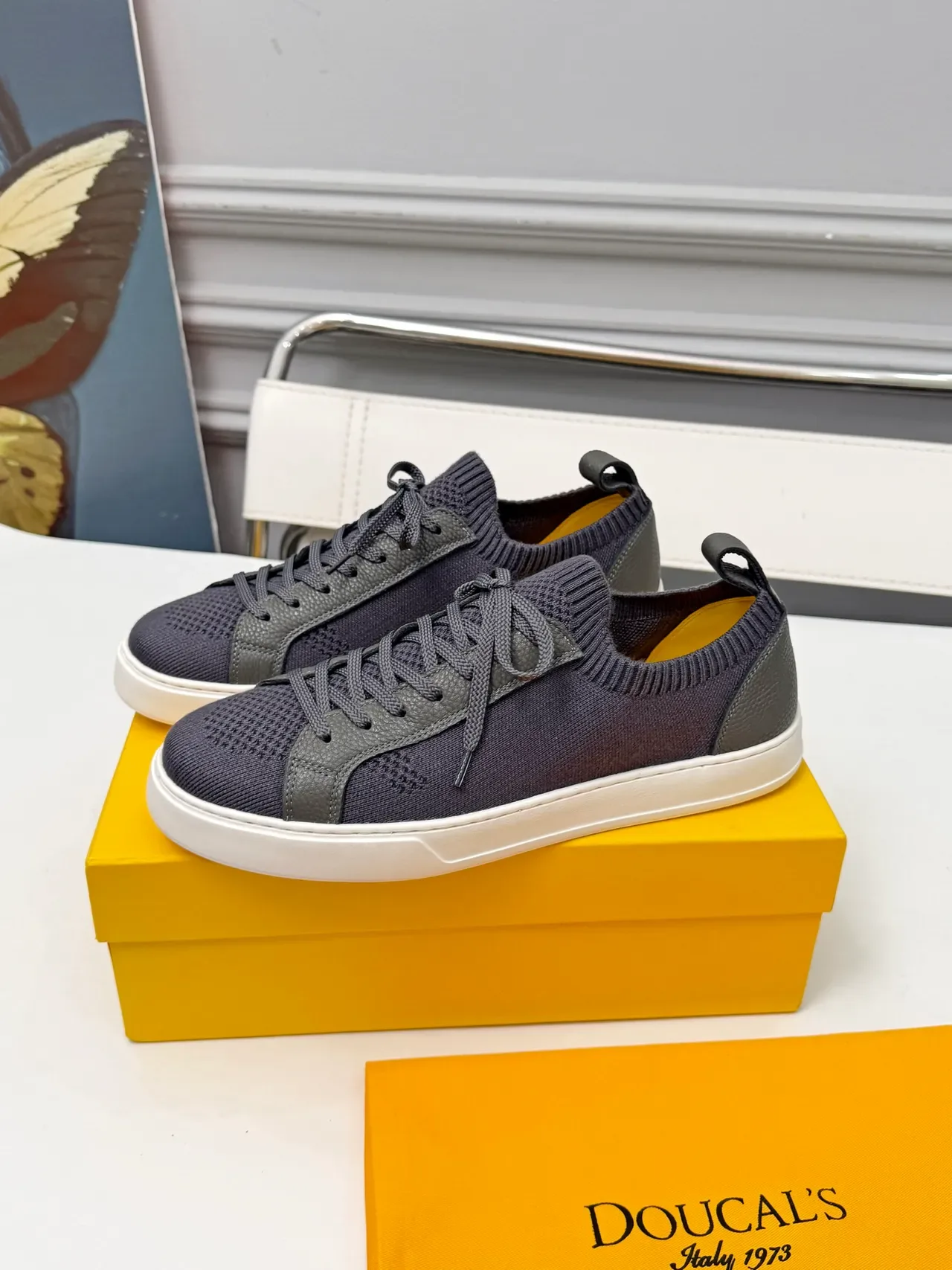 Dark Gray Knit and Leather Overlay Low-Top Sneakers 4