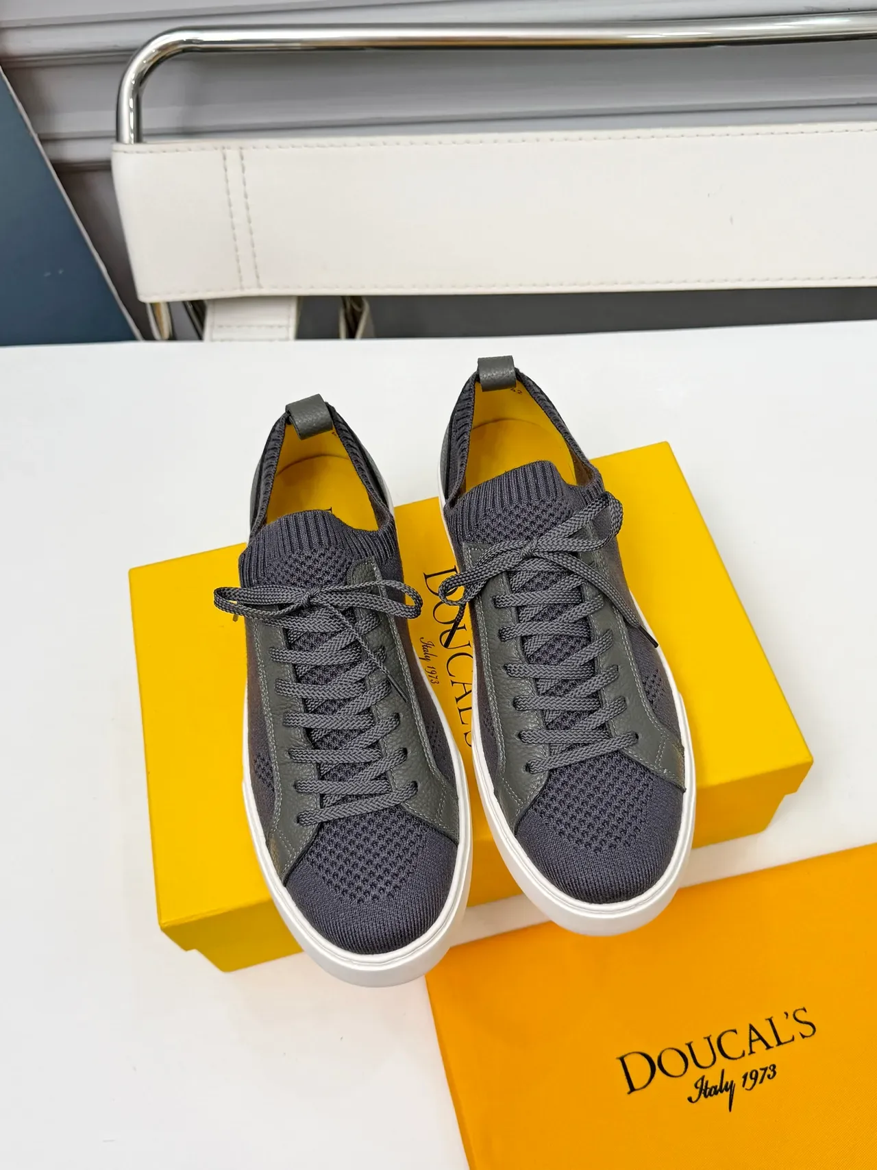 Dark Gray Knit and Leather Overlay Low-Top Sneakers 5
