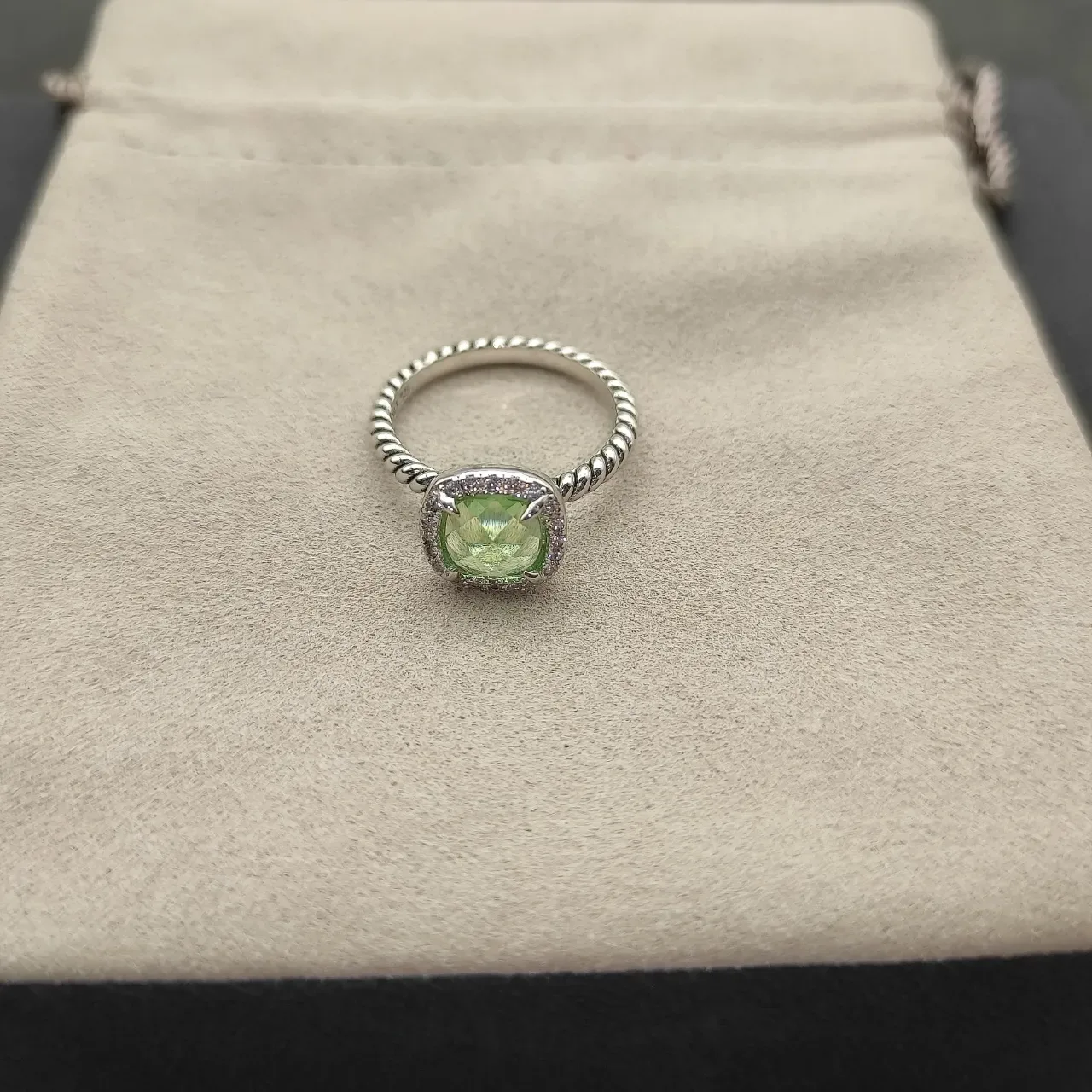 David Yurman Albion Cushion-Cut Green Gemstone Pavé Halo Ring 3