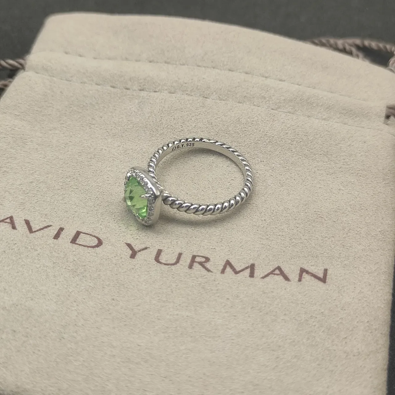 David Yurman Albion Cushion-Cut Green Gemstone Pavé Halo Ring 5