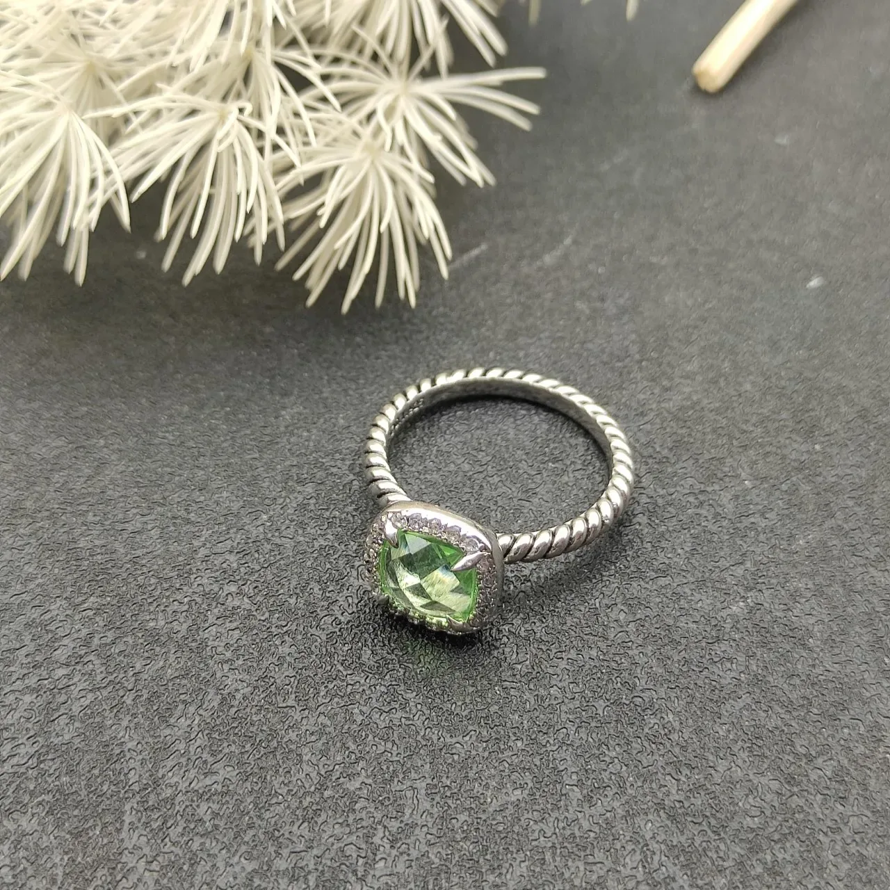 David Yurman Albion Cushion-Cut Green Gemstone Pavé Halo Ring 7