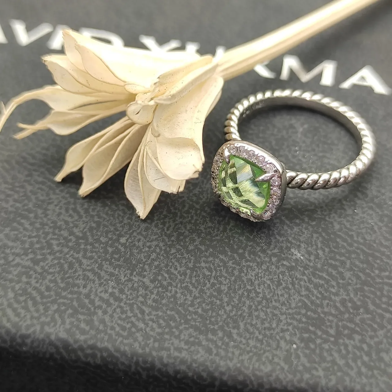 David Yurman Albion Cushion-Cut Green Gemstone Pavé Halo Ring 9