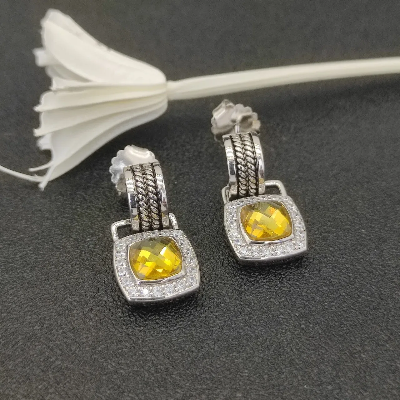 David Yurman Albion Cushion-Cut Yellow Stone Pavé Halo Earrings 2