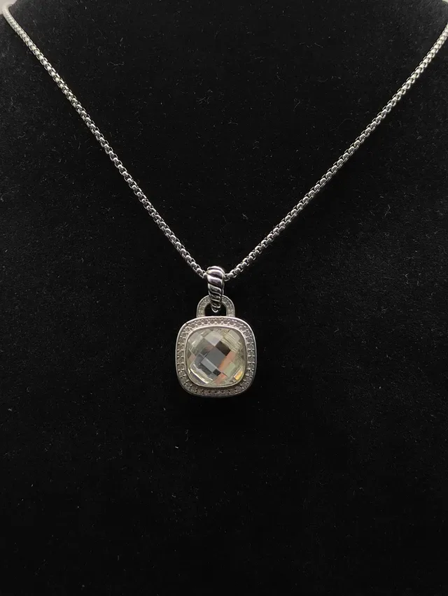 David Yurman Albion Silver Beige Cushion-Cut Central Stone Pavé Diamond Halo Necklace 4