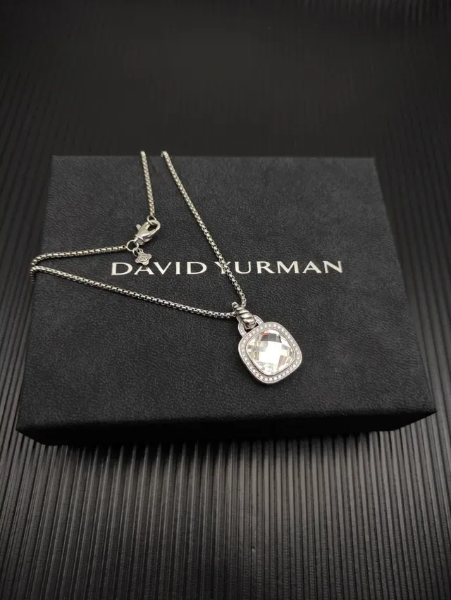 David Yurman Albion Silver Beige Cushion-Cut Central Stone Pavé Diamond Halo Necklace 5