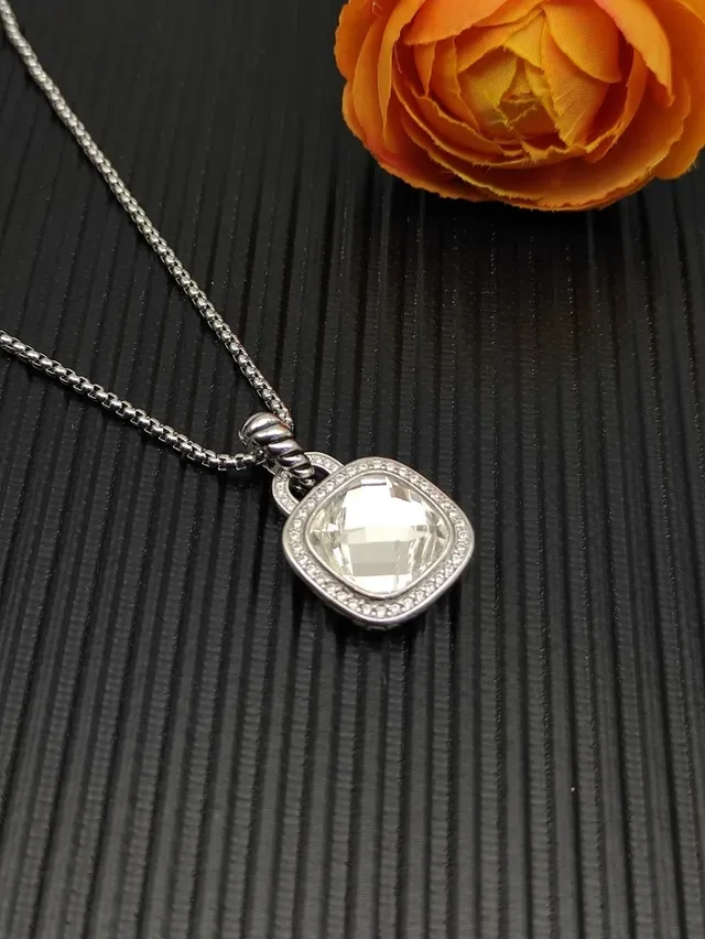David Yurman Albion Silver Beige Cushion-Cut Central Stone Pavé Diamond Halo Necklace 7