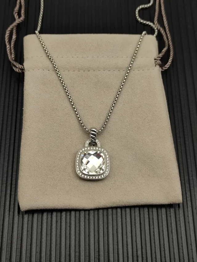 David Yurman Albion Silver Beige Cushion-Cut Central Stone Pavé Diamond Halo Necklace 8