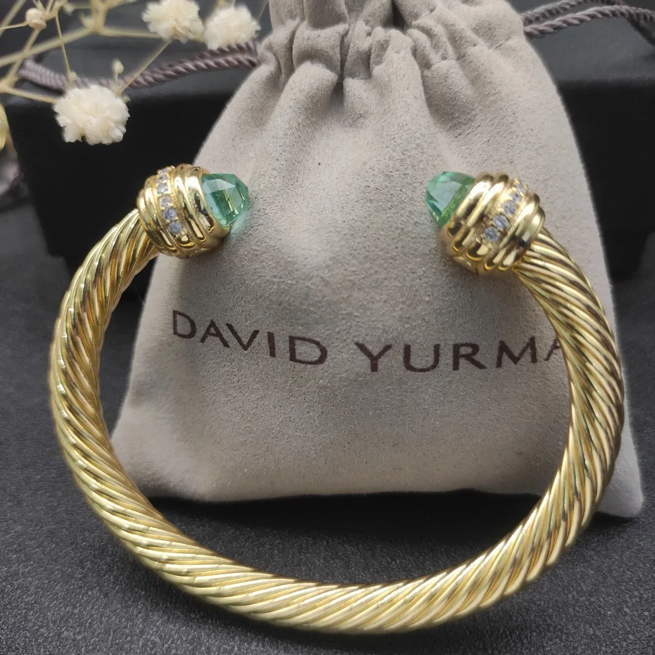 David Yurman Cable Classics Gold Green Twisted Gemstone-Terminal Bracelet 2
