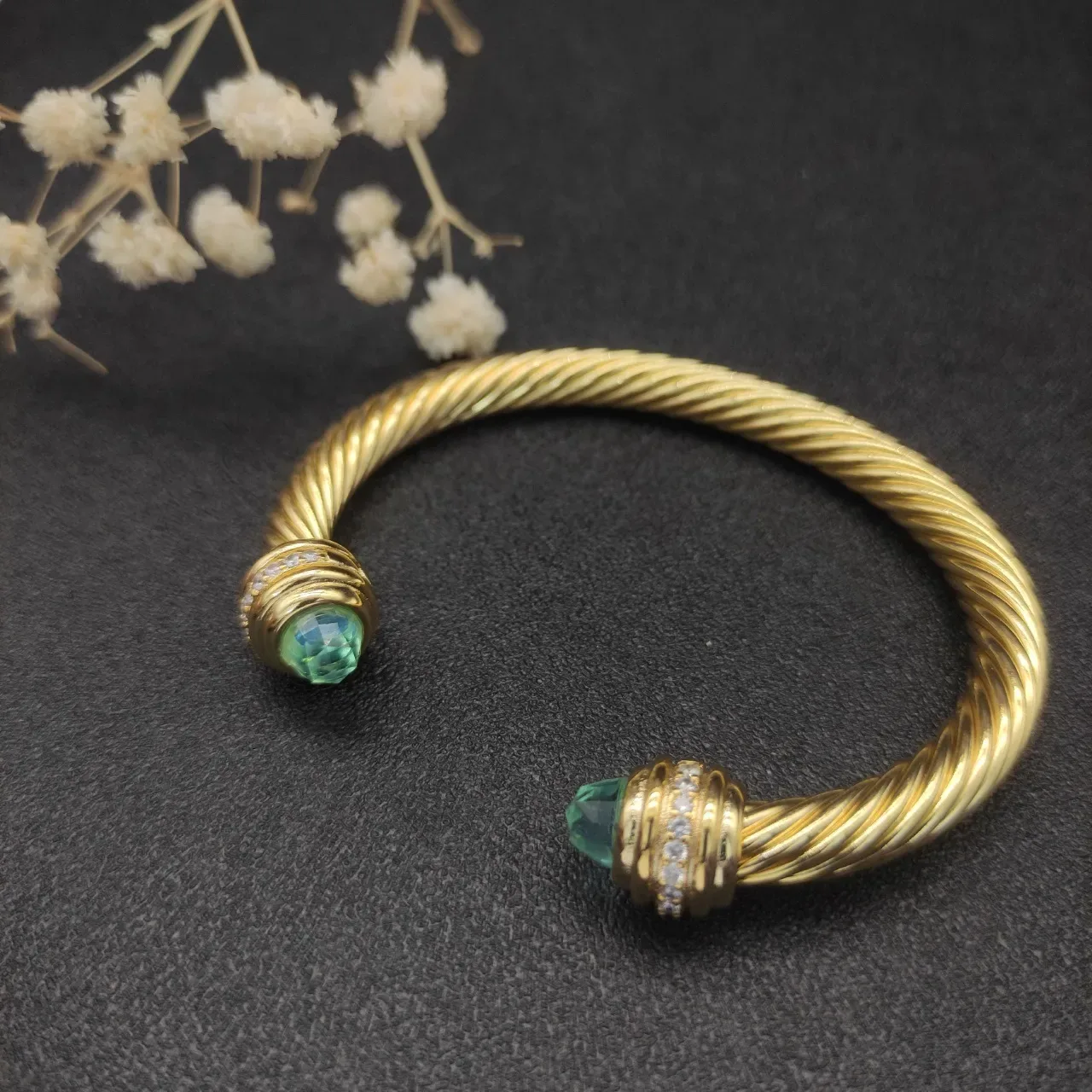 David Yurman Cable Classics Gold Green Twisted Gemstone-Terminal Bracelet 5