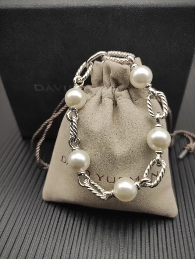 David Yurman Cable Classics Silver Beige Twisted Links Spherical Pearls Bracelet 6
