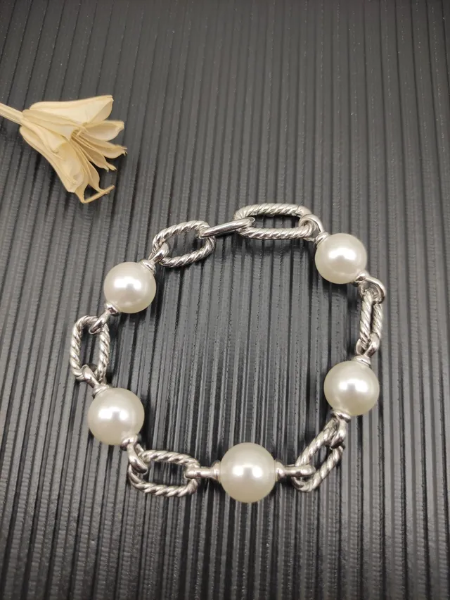 David Yurman Cable Classics Silver Beige Twisted Links Spherical Pearls Bracelet 8
