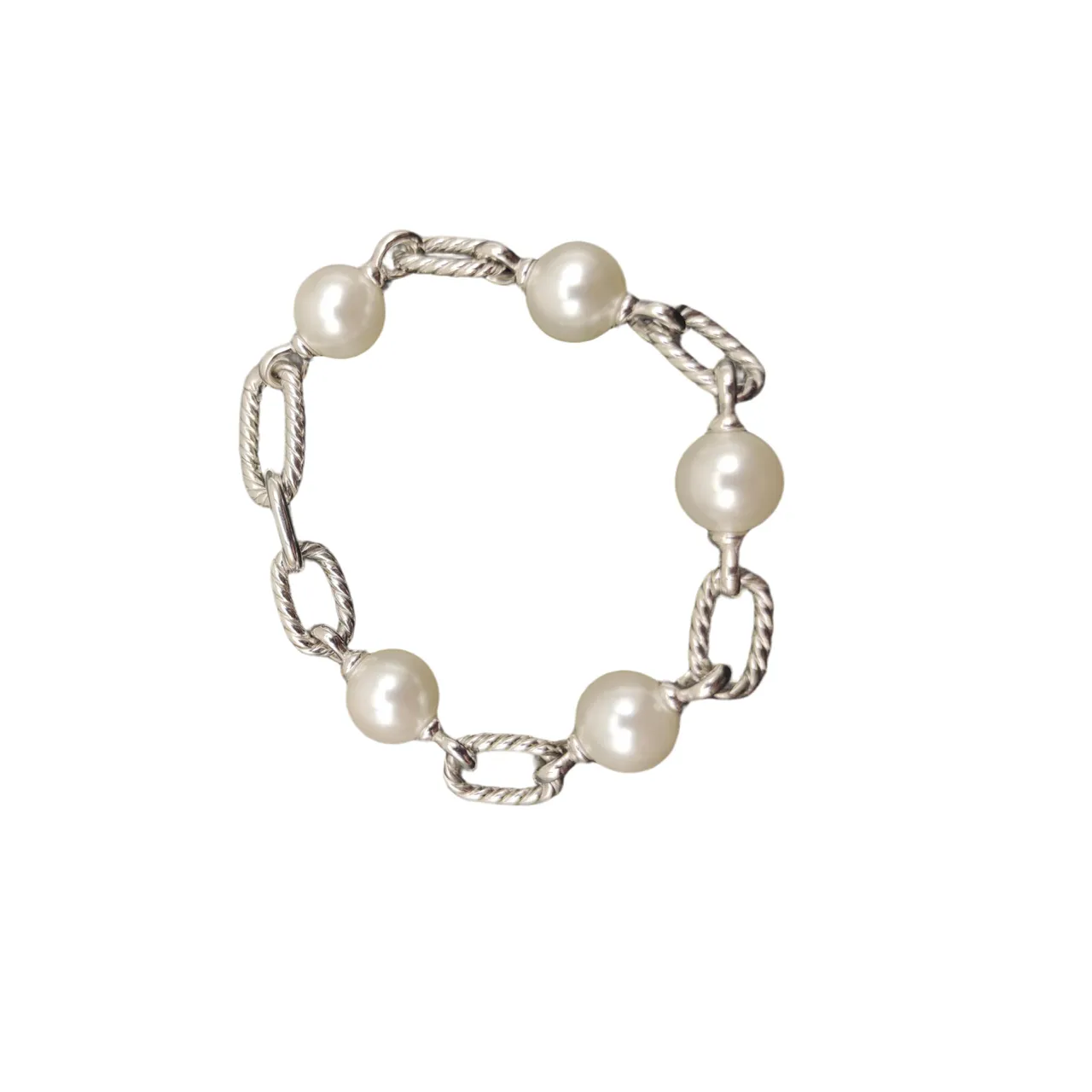 David Yurman Cable Classics Silver Beige Twisted Links Spherical Pearls Bracelet 9