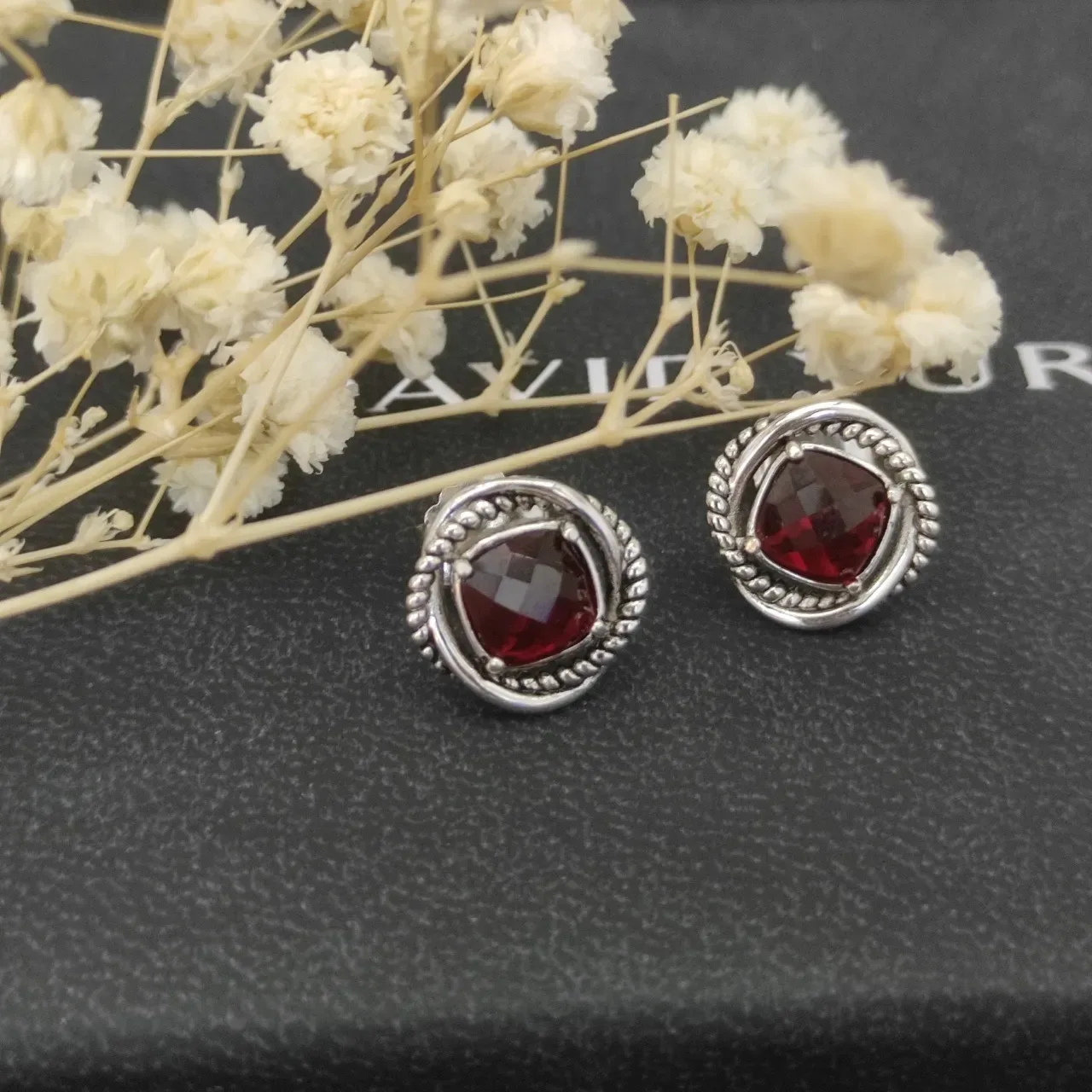 David Yurman Faceted Red Gemstone Twisted Rope Stud Earrings 2