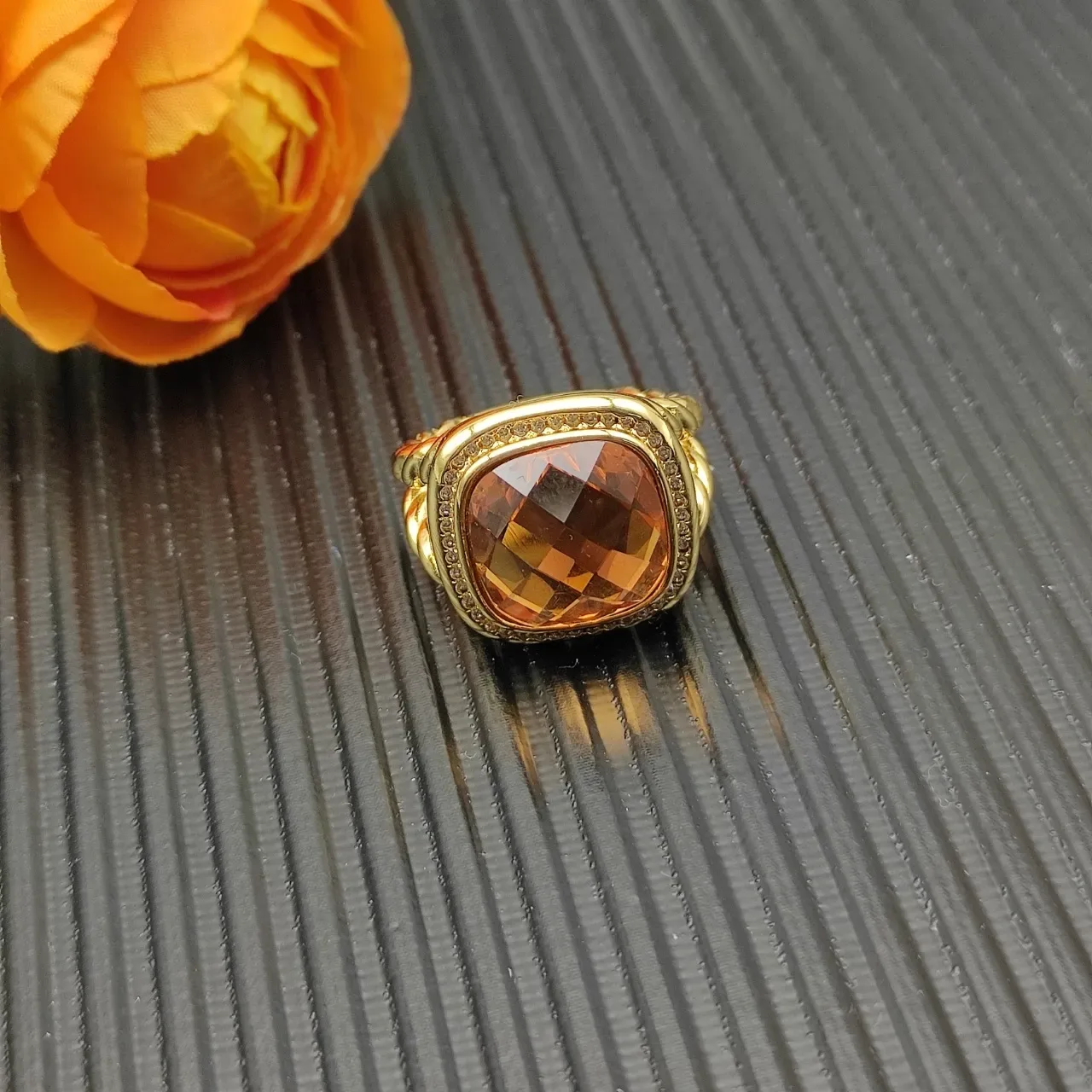 David Yurman Gold-Tone Amber Cushion-Cut Stone Ring 7