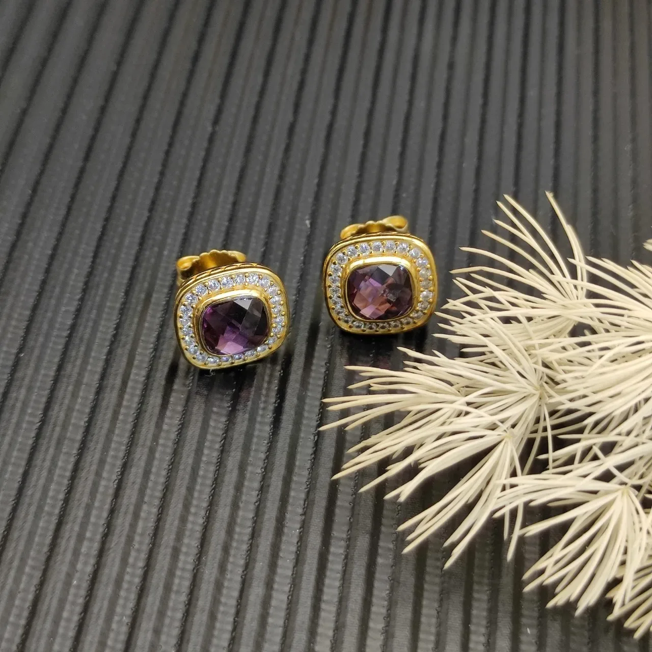 David Yurman Gold-Tone Cushion-Cut Gemstone Pavé Halo Stud Earrings 5