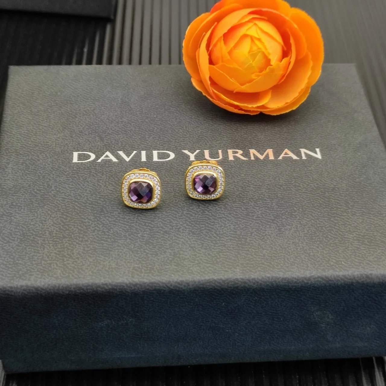 David Yurman Gold-Tone Cushion-Cut Gemstone Pavé Halo Stud Earrings 7