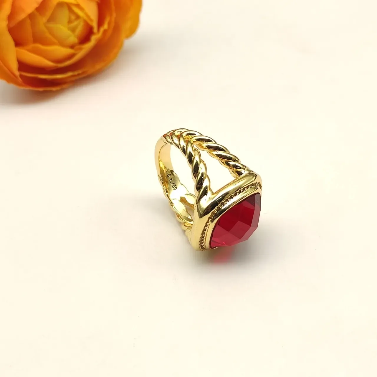 David Yurman Red Gold Twisted Cable Band Cushion-Cut Gemstone Ring 5