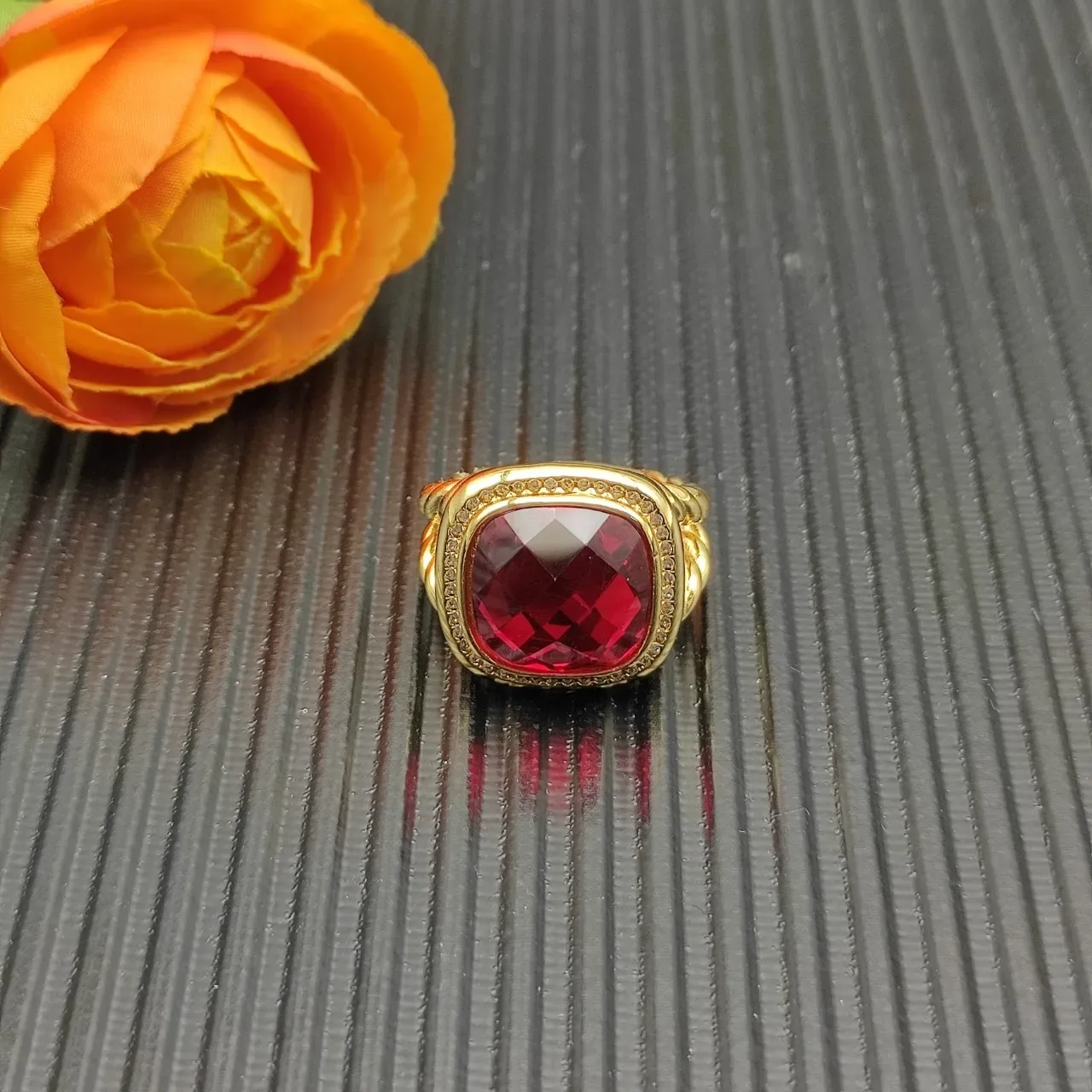 David Yurman Red Gold Twisted Cable Band Cushion-Cut Gemstone Ring 7