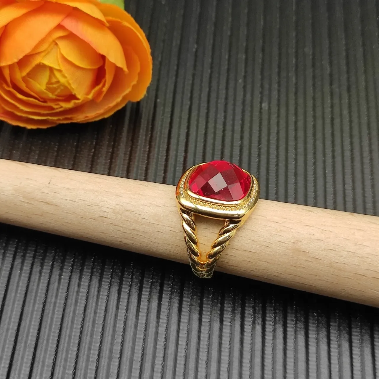 David Yurman Red Gold Twisted Cable Band Cushion-Cut Gemstone Ring 8