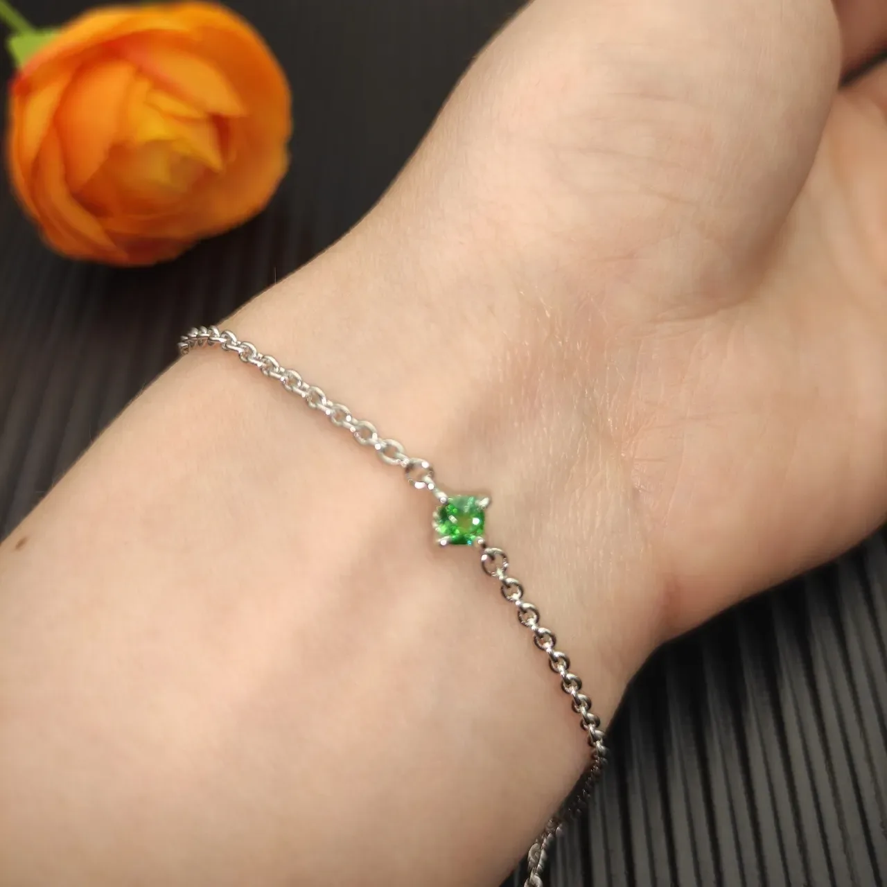 David Yurman Silver Green Fine Chain Single Faceted Gemstone Bracelet 9