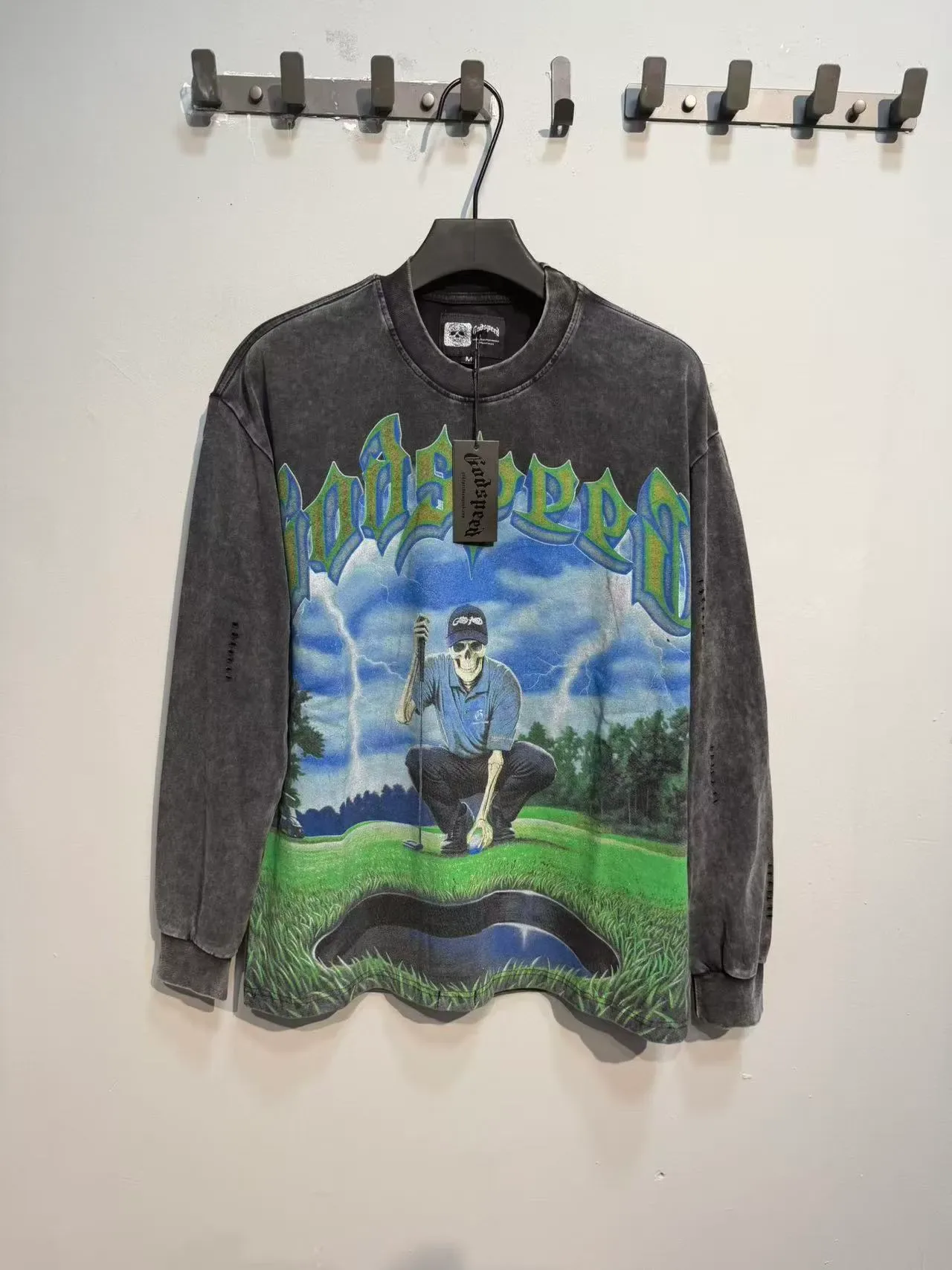 Distressed Acid-Wash Gray Graphic Print Oversized Long-Sleeve T-Shirt 2