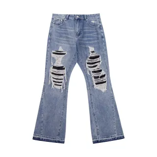 Distressed Medium-Wash Blue Flared-Leg Jeans