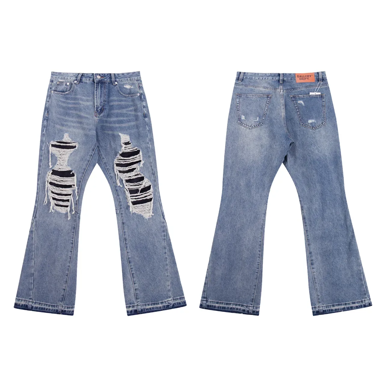 Distressed Medium-Wash Blue Flared-Leg Jeans 2