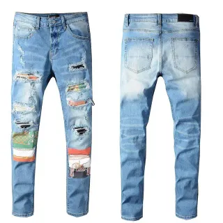 Distressed Patchwork Slim-Fit Light Blue Jeans