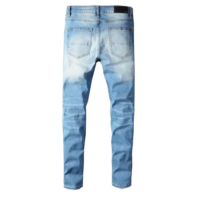 Distressed Patchwork Slim-Fit Light Blue Jeans 2