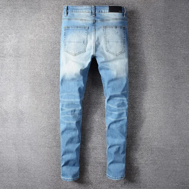 Distressed Patchwork Slim-Fit Light Blue Jeans 3