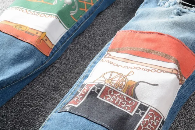 Distressed Patchwork Slim-Fit Light Blue Jeans 7