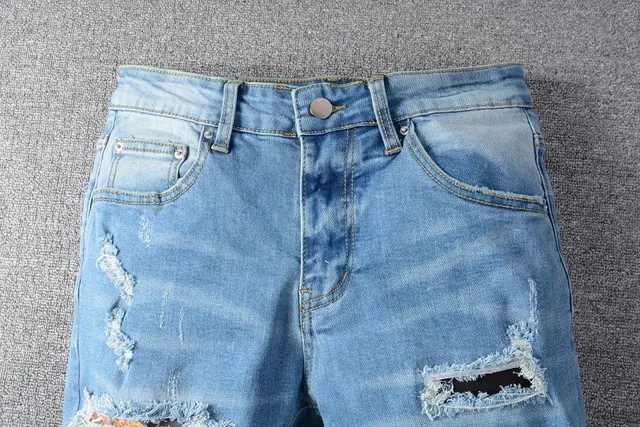 Distressed Patchwork Slim-Fit Light Blue Jeans 10
