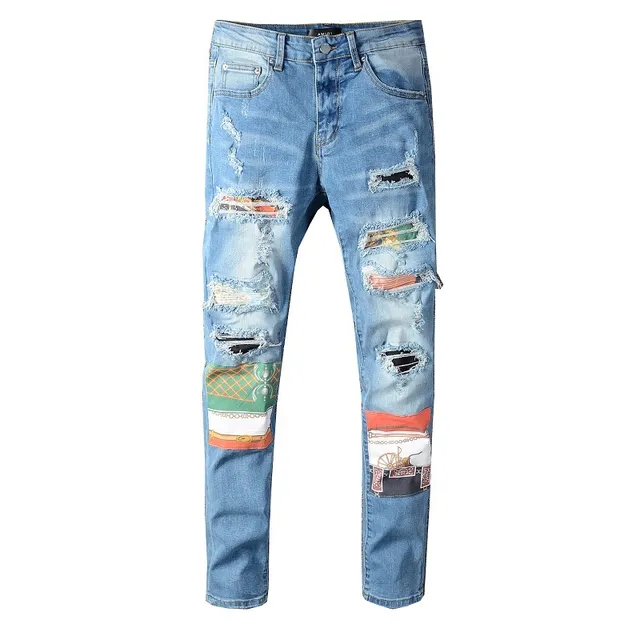 Distressed Patchwork Slim-Fit Light Blue Jeans 11