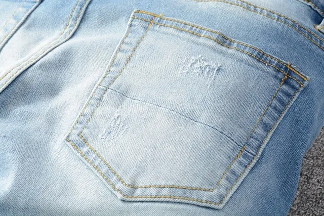 Distressed Patchwork Slim-Fit Light Blue Jeans 16