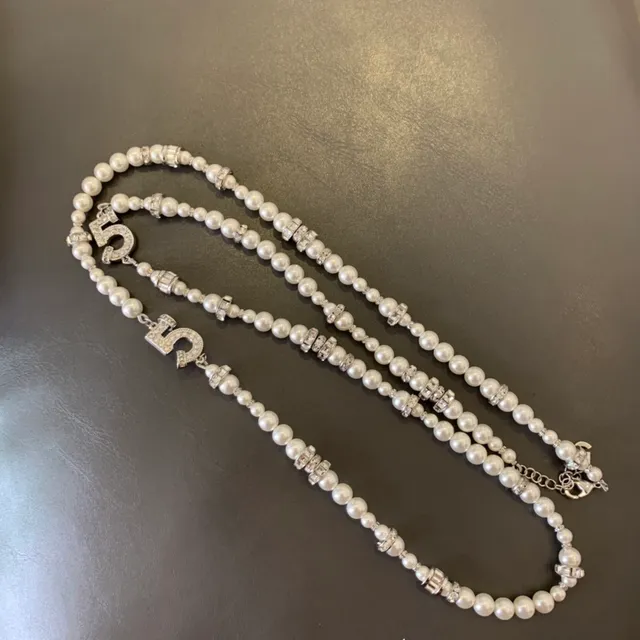 Double-Strand Pearl and Crystal Numeric Charm Necklace 2