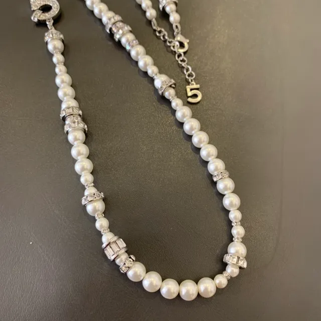 Double-Strand Pearl and Crystal Numeric Charm Necklace 5