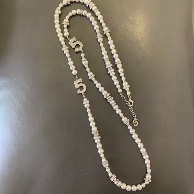 Double-Strand Pearl and Crystal Numeric Charm Necklace 6