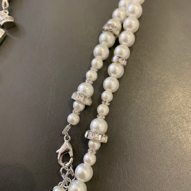 Double-Strand Pearl and Crystal Numeric Charm Necklace 7