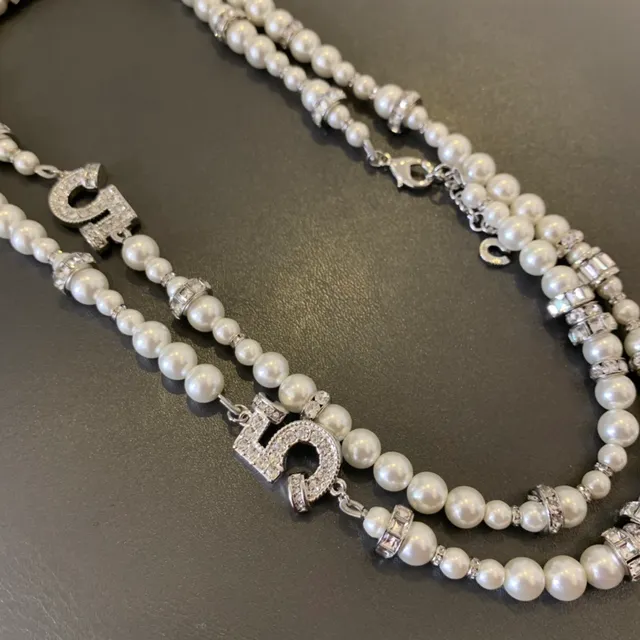 Double-Strand Pearl and Crystal Numeric Charm Necklace 8
