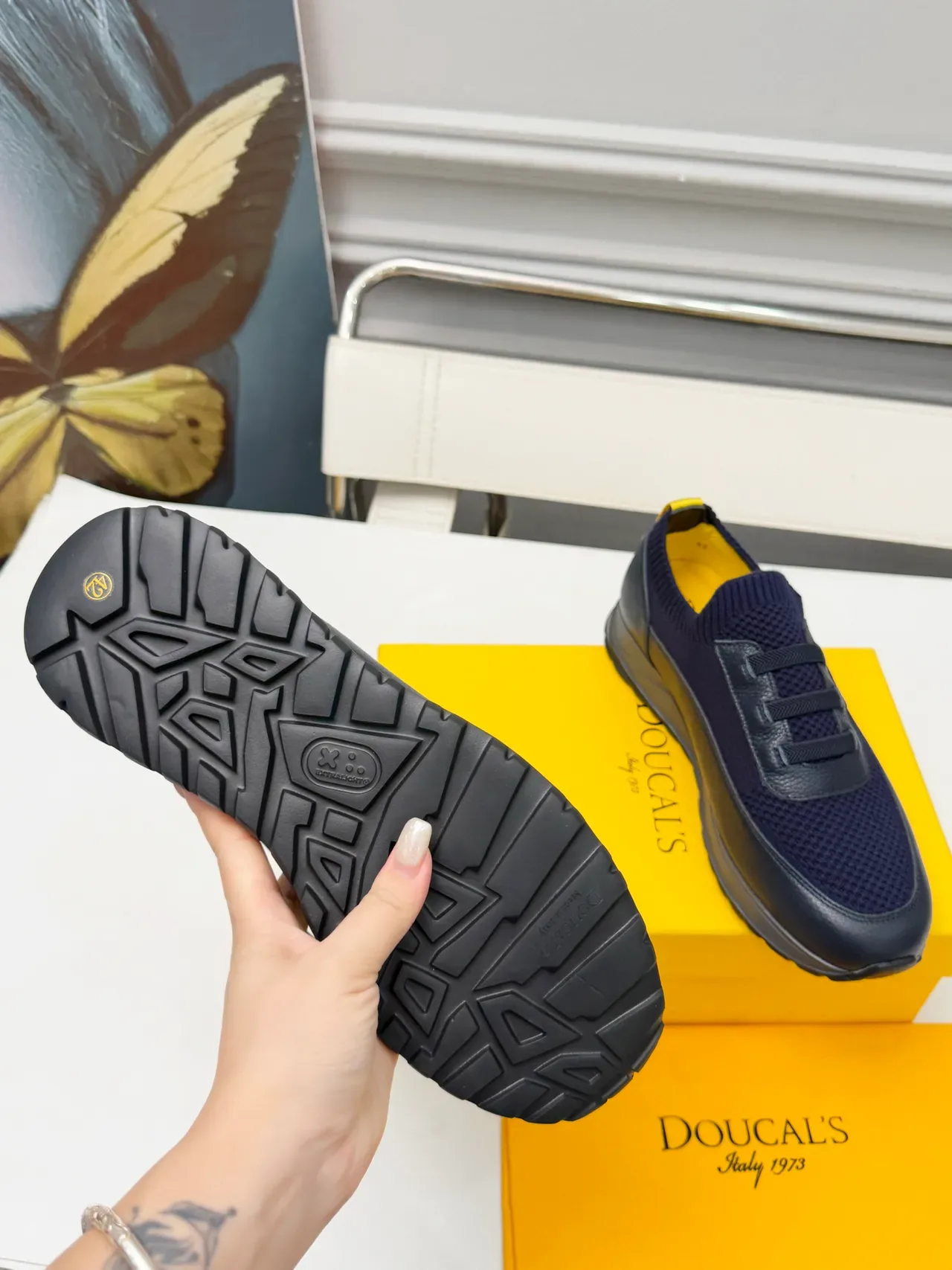 DOUCAL'S Navy and Yellow Knit Slip-On Lifestyle Sneakers 2