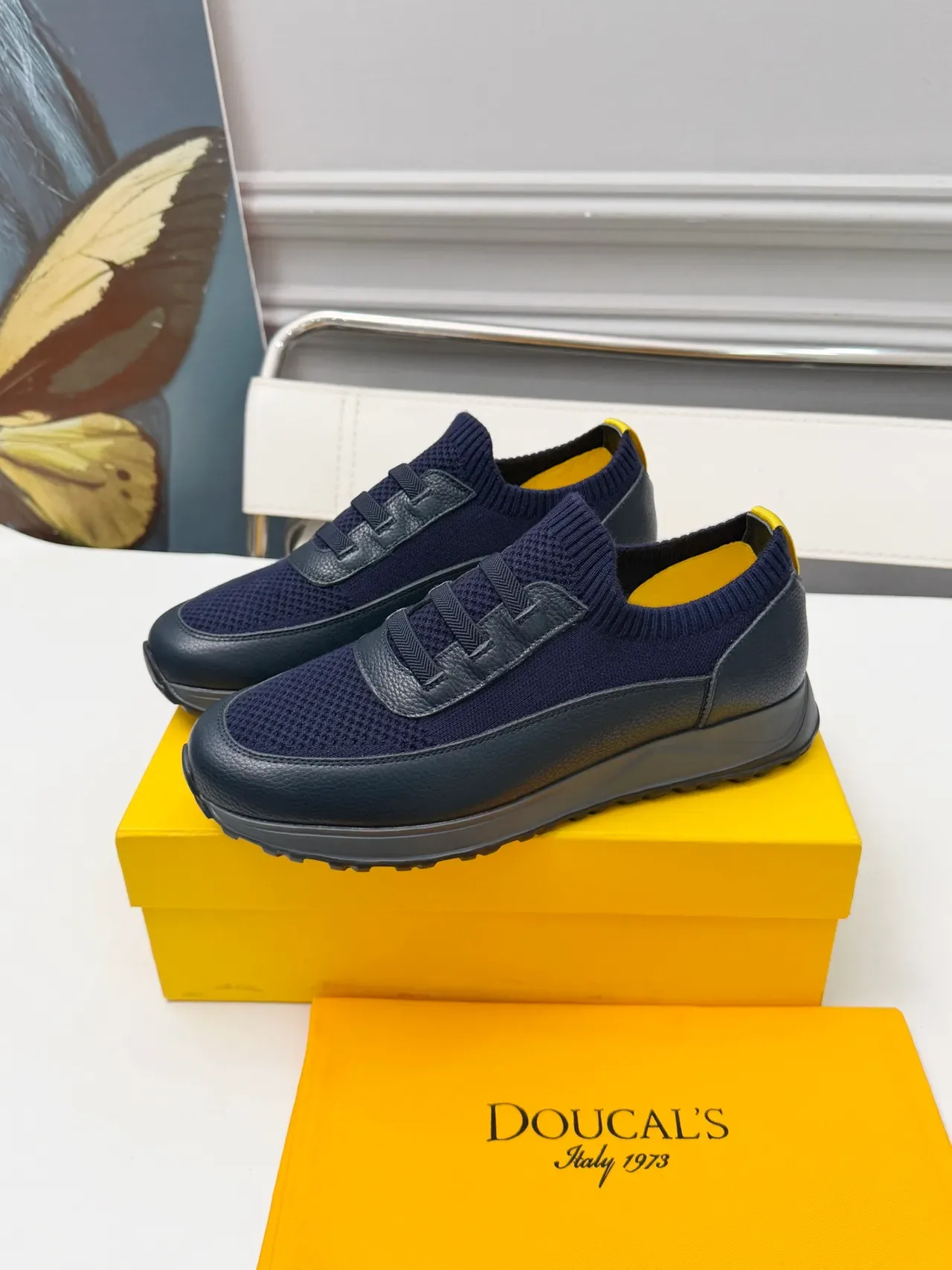 DOUCAL'S Navy and Yellow Knit Slip-On Lifestyle Sneakers 4