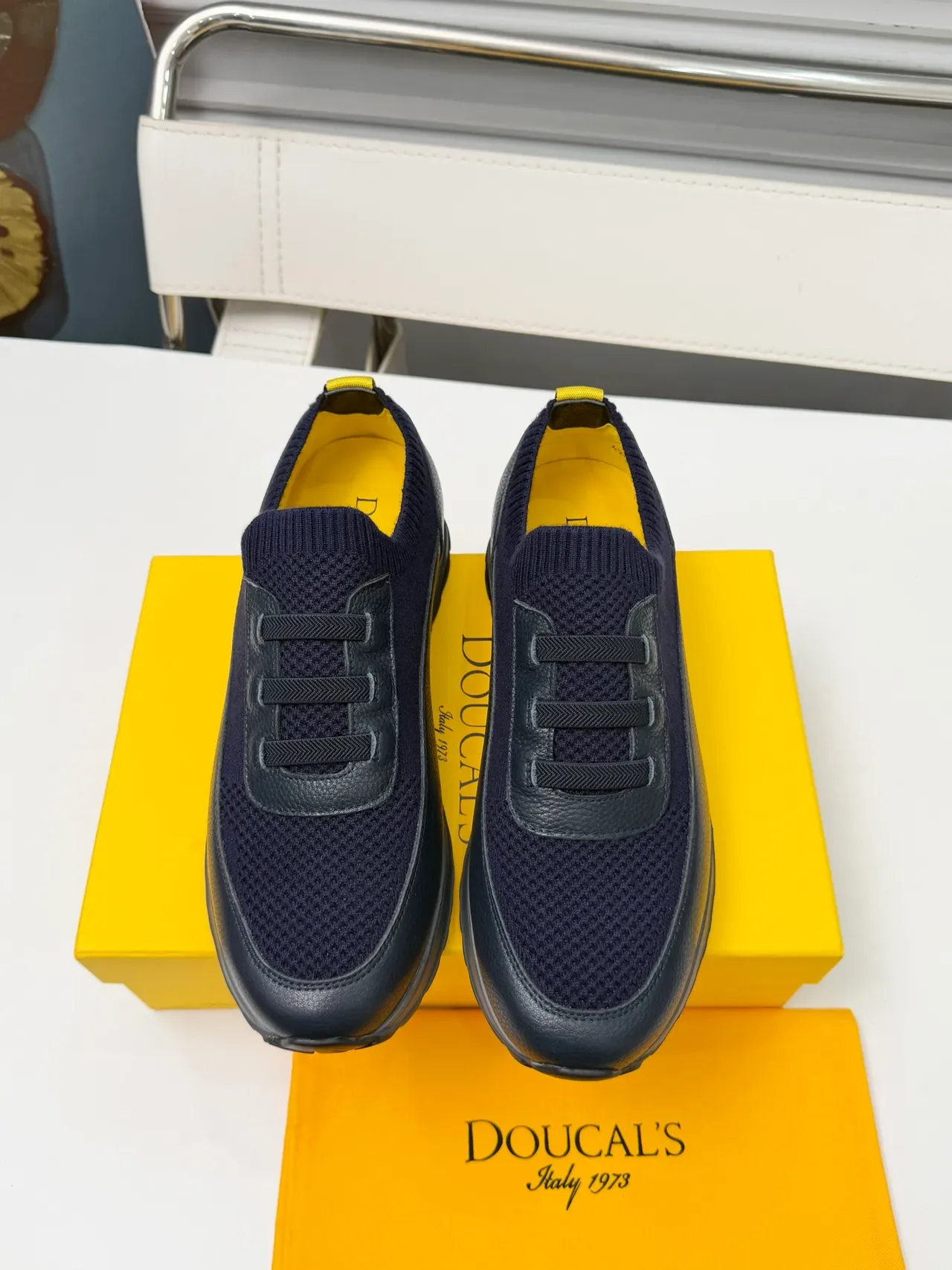 DOUCAL'S Navy and Yellow Knit Slip-On Lifestyle Sneakers 5