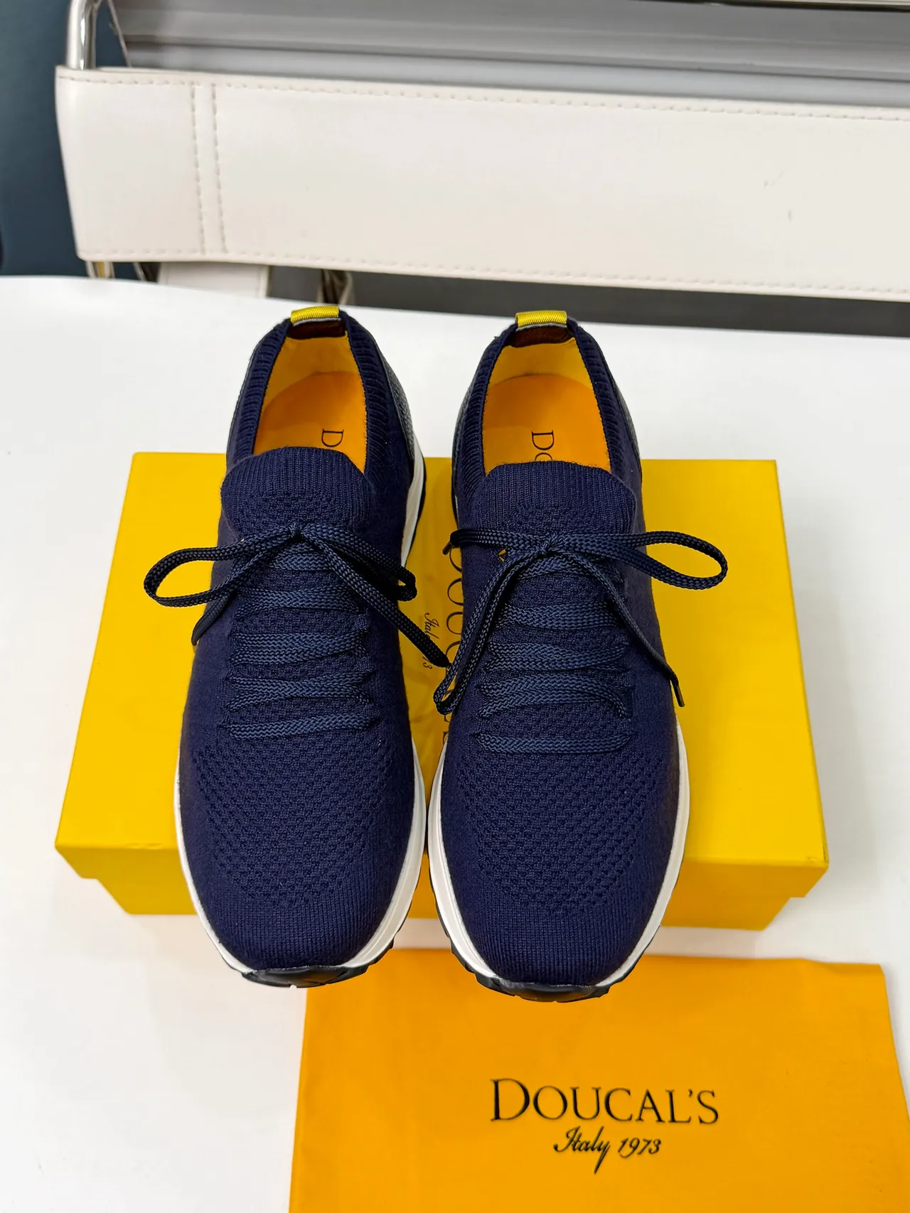 Doucal's Navy Black Knit Upper Textured Leather Heel Panel Lifestyle Sneakers 4